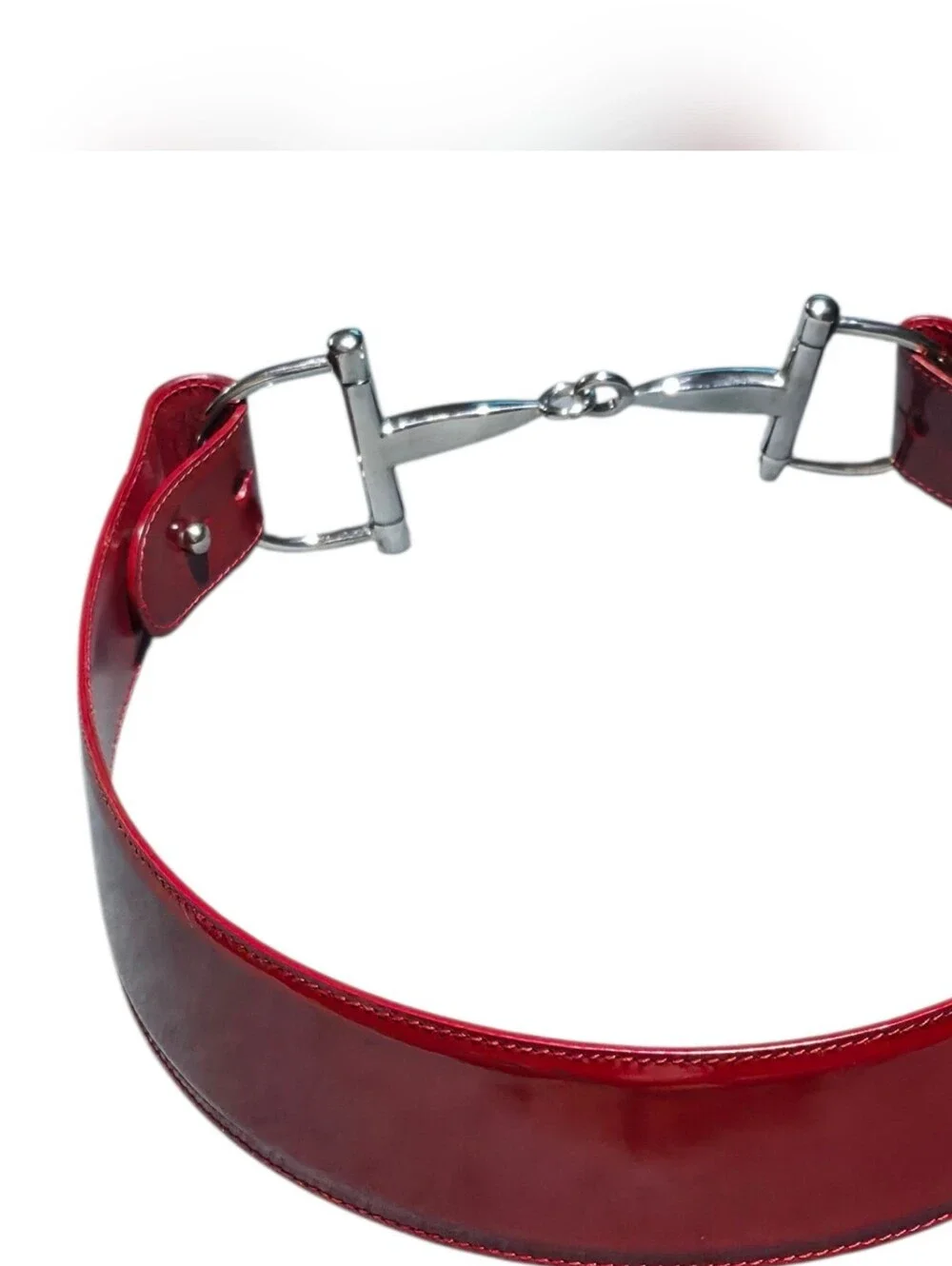 Gucci Red Patent Leather Horsebit Waist Belt with Silver Hardware